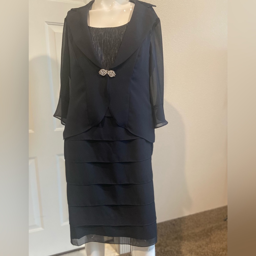 Dana Kay~Navy~Semi~Sheer~Layered Ruffles~Textured Bodice~Bolero~Dress~Size 10